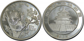 CHINA 1995 People's Republic, 1 oz. Silver Panda ,Panda eating large twig with 9 leaves,Proof 10 YUAN SILVER MS31.1g 
KM# 732.1