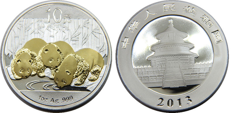 CHINA 2013 People's Republic, 1 oz. Silver Panda ,Silver Gilded Proof 10 YUAN SI...