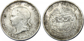 COLOMBIA 1879 United States,Type 1 "Liberty" Head -Medellin Mint) overdate variety exists; Pointed-tail 9 5 DECIMOS SILVER VF12.9g 
KM#161.1
