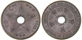 CONGO 1894 Leopold II,Free State 10 CENTIMES COPPER MS20.3g 
KM# 4