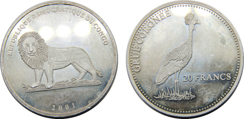 CONGO 2001 the Democratic Republic,Grue coronee 20 FRANCS SILVER PF31.2g