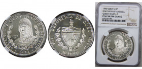 CUBA 1990 Second Republic,Queen Isabella of Spain,Rare(Mintage 5000) 10 PESOS SILVER PF67 
KM# 264