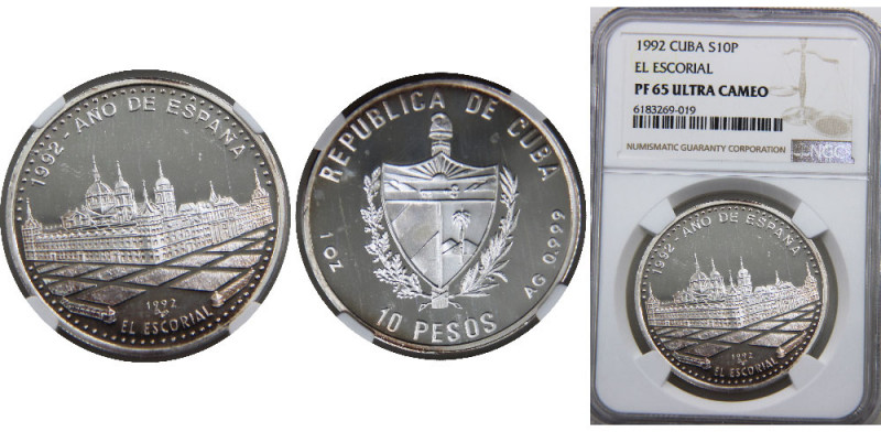 CUBA 1992 Second Republic,El Escorial,Rare(Mintage 550) 10 PESOS SILVER PF65 
K...