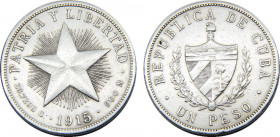 CUBA 1915 First Republic,Type Star, Cleaned 1 PESO SILVER XF26.6g 
KM# 15