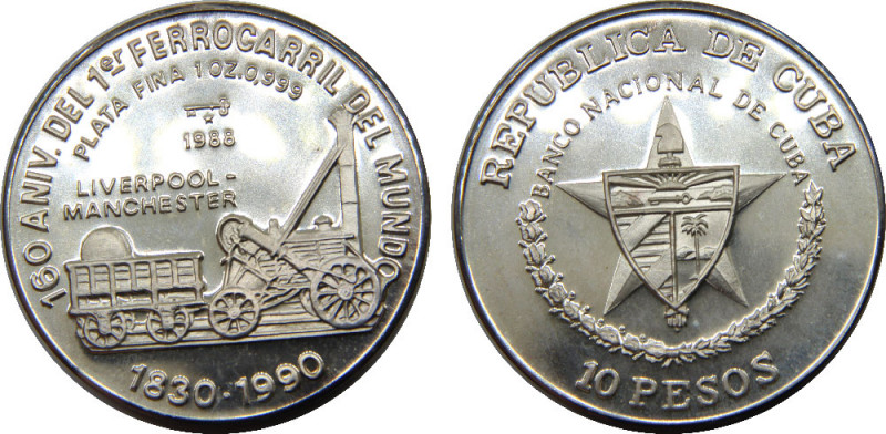 CUBA 1988 Second Republic,First Railroad in England, Proof(Mintage 5000) 10 PESO...