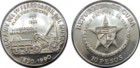 CUBA 1988 Second Republic,First Railroad in England, Proof(Mintage 5000) 10 PESO SILVER MS31.2g 
KM# 207