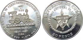 CUBA 1988 Second Republic,First Cuban Railroad, Proof,Rare(Mintage 1000), minimum mark edge 20 PESO SILVER MS62.3g 
KM# 232