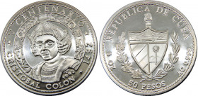 CUBA 1990 Second Republic,Christopher Columbus,Proof,Rare(Mintage 2000) 50 PESO SILVER MS155.8g 
KM# 294