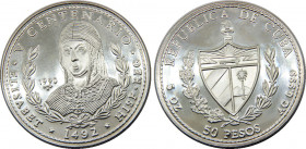 CUBA 1990 Second Republic,Queen Isabella of Spain,Proof,Rare(Mintage 2000) 50 PESO SILVER MS156.4g 
KM# 296