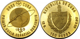 CUBA 1980 Second Republic,First Soviet-Cuban Joint Space Flight,Rare(Mintage 1000) 100 PESO GOLD MS12g 
KM# 52