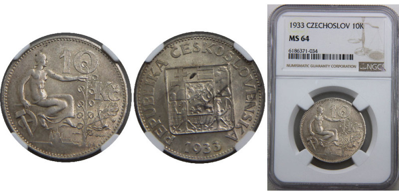 CZECHOSLOVAKIA 1933 First Republic,Very Rare(Mintage 91500) 10 KORUN SILVER MS64...