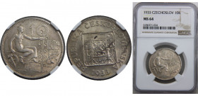 CZECHOSLOVAKIA 1933 First Republic,Very Rare(Mintage 91500) 10 KORUN SILVER MS64 
KM# 15