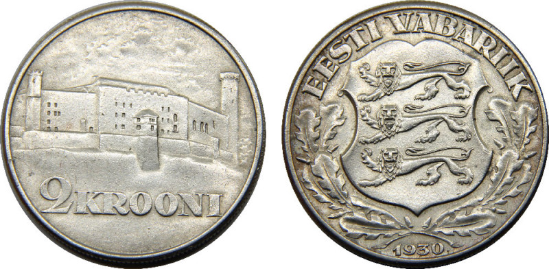 ESTONIA 1930 Republic,Toompea Fortress at Tallinn 2 KROONI SILVER AU12g 
KM# 20