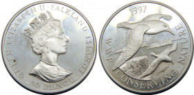 FALKLAND ISLANDS 1997 Elizabeth II,WWF Conserving Nature,Black-browned Albatross,Silver Proof Issue(Mintage 15000) 50 PENCE SILVER PF28.4g 
KM# 59a