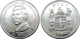 FIJI 1980 Elizabeth II,10th Anniversary of Independence,Silver (.925) Proof,Rare(Mintage 3001) 10 DOLLARS SILVER MS30.6g 
KM# 46a