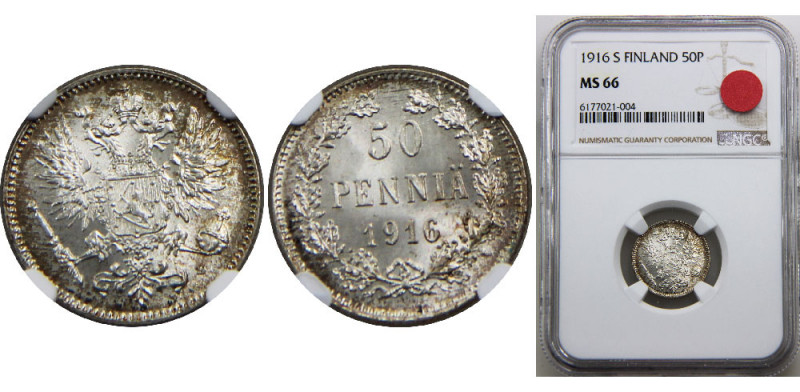 FINLAND 1916 S Nikolai II,Russian,Helsinki mint 50 Penniä SILVER MS66 
KM# 2.2