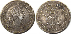 FRANCE 1702 D Louis XIV,Kingdom,Lyon mint 1/2 ECU SILVER XF13.3g 
Dy# 1534b