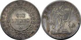 FRANCE L'AN II(1793 A) First Republic,Genius,Paris mint 6 LIVRES SILVER XF29.4g 
KM# 624