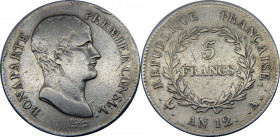 FRANCE L'AN 12 (1803-1804) A First Republic,Napoleon Bonaparte,Premier Consul,Paris mint 5 FRANCS SILVER VF24.8g 
KM# 659.1