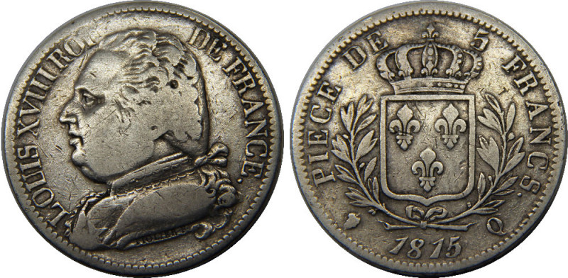 FRANCE 1815 Q Louis XVIII,Kingdom,Dressed Bust, Perpignan mint 5 FRANCS SILVER V...