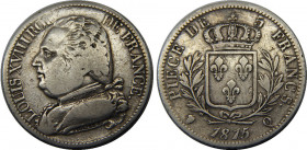 FRANCE 1815 Q Louis XVIII,Kingdom,Dressed Bust, Perpignan mint 5 FRANCS SILVER VF24.7g 
KM# 702.11