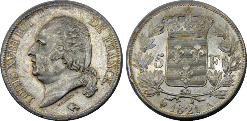 FRANCE 1821 A Louis XVIII,Kingdom,Bare Head,Paris mint 5 FRANCS SILVER AU25g 
K...