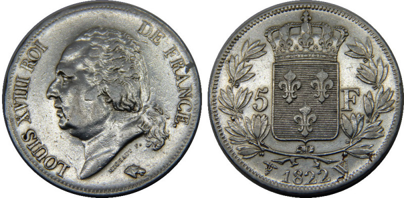 FRANCE 1822 W Louis XVIII,Kingdom,Bare Head,Lille mint 5 FRANCS SILVER XF25g 
K...