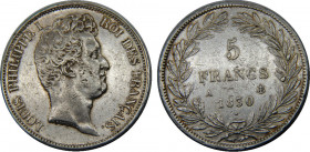 FRANCE 1830 A Louis Philippe I,Kingdom,with "I",relief edge,Paris mint 5 FRANCS SILVER XF24.9g 
KM# 736.1
