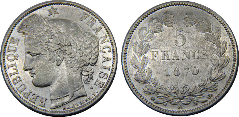 FRANCE 1870 A Third Republic,Ceres,Paris mint 5 FRANCS SILVER XF24.9g 
KM# 818....