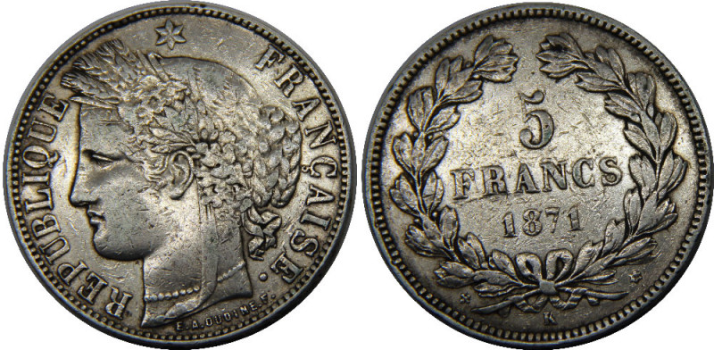 FRANCE 1871 K Third Republic,Ceres,Bordeaux mint 5 FRANCS SILVER XF25.1g 
KM# 8...