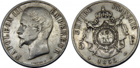FRANCE 1855 BB Napoleon III,French Empire,The Second,Strasbourg mint 5 FRANCS SILVER VF24.8g 
KM# 782.2