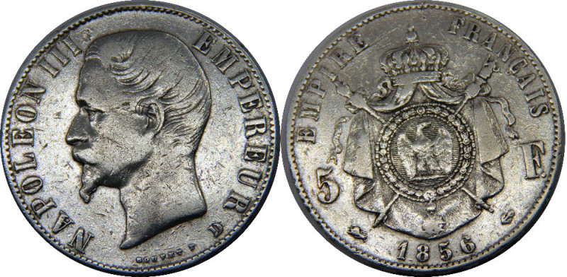 FRANCE 1856 D Napoleon III,French Empire,The Second,Lyon mint 5 FRANCS SILVER VF...