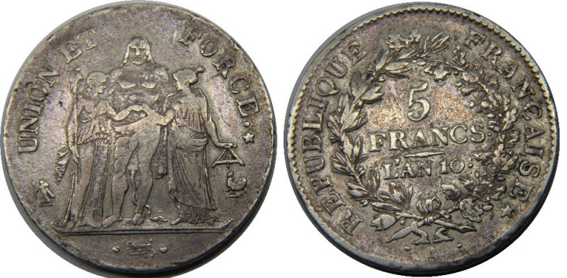 FRANCE L'AN 10 (1801-1802) A First Republic,Hercules,Paris mint 5 FRANCS SILVER ...