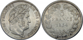 FRANCE 1834 W Louis Philippe I,Kingdom,Lille mint, Cleaned 5 FRANCS SILVER AU24.9g 
KM# 749.13