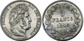 FRANCE 1846 A Louis Philippe I,Kingdom,Type Domard, 3è retouche, tranche en relief,Paris mint, Cleaned 5 FRANCS SILVER MS25g 
KM# 749.1