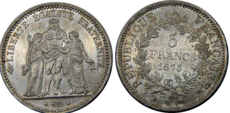 FRANCE 1873 A Third Republic,Hercules,Paris mint 5 FRANCS SILVER MS25.1g 
KM# 8...