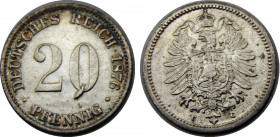 GERMAN EMPIRE 1876 C Wilhelm I,type 1,large shield, Frankfurt am Main mint 20 PFENNIG SILVER AU1.1g 
KM# 5