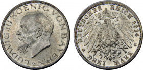 GERMAN EMPIRE 1914 D Ludwig III,Bavaria,Munich mint 3 MARK SILVER MS16.7g 
KM# 1005