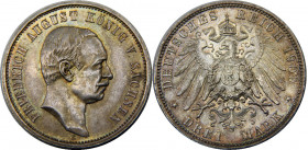 GERMAN EMPIRE 1909 E Friedrich August III,Saxony-Albertinian,Muldenhutten mint 3 MARK SILVER AU16.7g 
KM# 1267