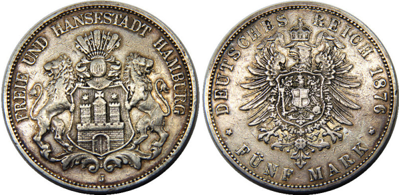 GERMAN EMPIRE 1876 J Free Hanseatic city of Hamburg,Hamburg mint 5 MARK SILVER V...