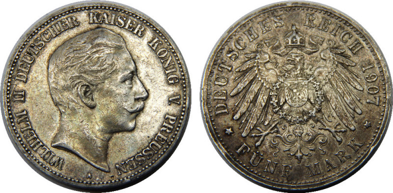 GERMAN EMPIRE 1907 A Wilhelm II,Kaiser,Prussia,Berlin mint 5 MARK SILVER XF27.8g...