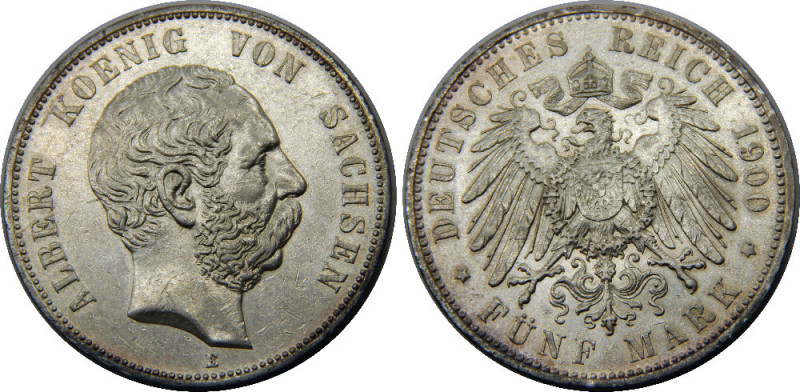 GERMAN EMPIRE 1900 E Albert,Saxony-Albertinian,Muldenhutten mint 5 MARK SILVER A...