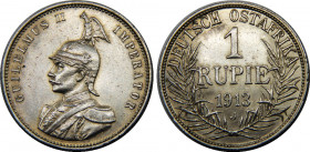 GERMAN EMPIRE 1913 J Wilhelm II,Kaiser,German East Africa,Hamburg mint 1 RUPIE SILVER AU11.7g 
KM# 10