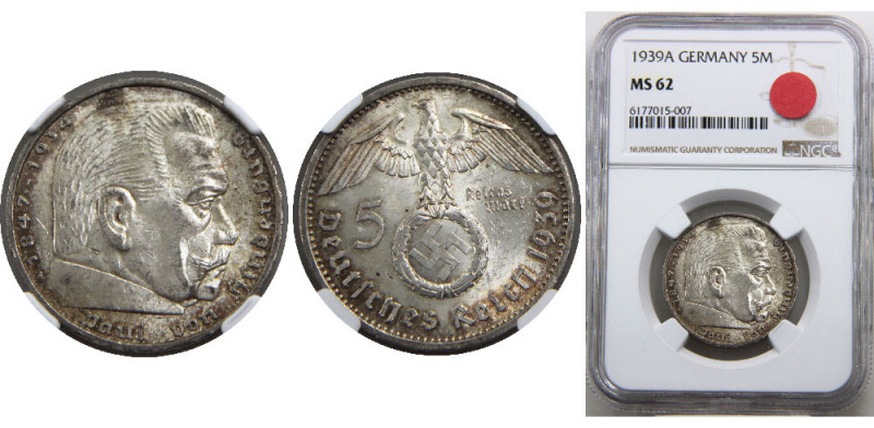 GERMANY 1939 A Third Reich,Paul von Hindenburg, Berlin mint 5 REICHSMARK SILVER ...