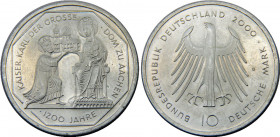 GERMANY 2000 G Federal Republic,1200th Anniversary - Founding the Cathedral in Aachen by Charlemagne,Karlsruhe mint 10 DEUTSCHE MARK SILVER MS15.5g 
...