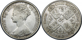 GREAT BRITAIN MDCCCLXIX 1869 Victoria,1st portrait,"Gothic"type 1 FLORIN SILVER VF11.2g 
KM# 746.2