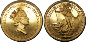 GREAT BRITAIN 1988 Elizabeth II 3rd portrait; 1/2 oz Fine Gold Britannia Bullion Proof(Mintage 3305) 50 POUNDS GOLD PF17.1g 
KM# 952