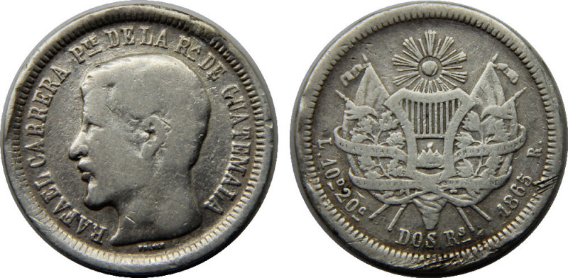 GUATEMALA 1865 R Republic,Rafael Carrera 2 REAL SILVER F6g 
KM# 139