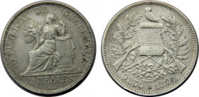 GUATEMALA 1894 H Republic, Heaton's Mint 2 REAL SILVER XF6.3g 
KM# 167
