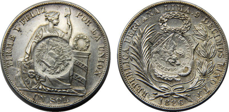 GUATEMALA 1894 T.F. Republic,countermark on Peru Sol,KM# 196 1 PESO SILVER AU25g...